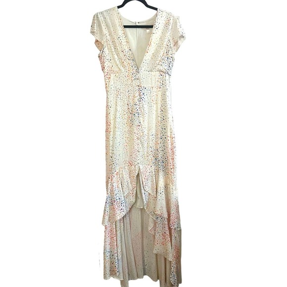 Hutch ANTHROPOLOGIE Multi-Color Heart Maxi Dress White Satin Hi Low V-neck - 4 - Picture 2 of 6